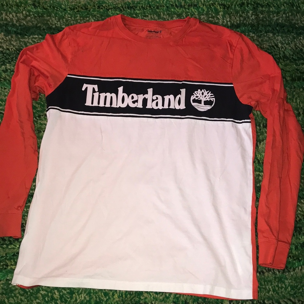 Timberland Mens Orange Black White Long Sleeve Colorblock Logo T-Shirt Size L